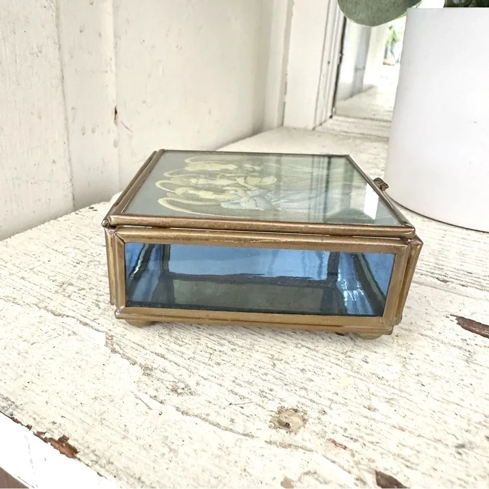 3/$22🩶 Vintage Angels Via Vermont Glass Brass Trinket Jewelry Box Mirror